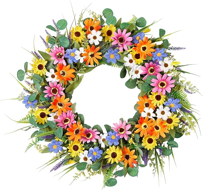 Dremisland 22 Inch Colorful Daisy Wreath Spring Summer Wildflower Wreath with Green Eucalyptus Leaves for Front Door Artificial Floral Wreaths Window Wall Farmhouse Wedding Party Festival Decor