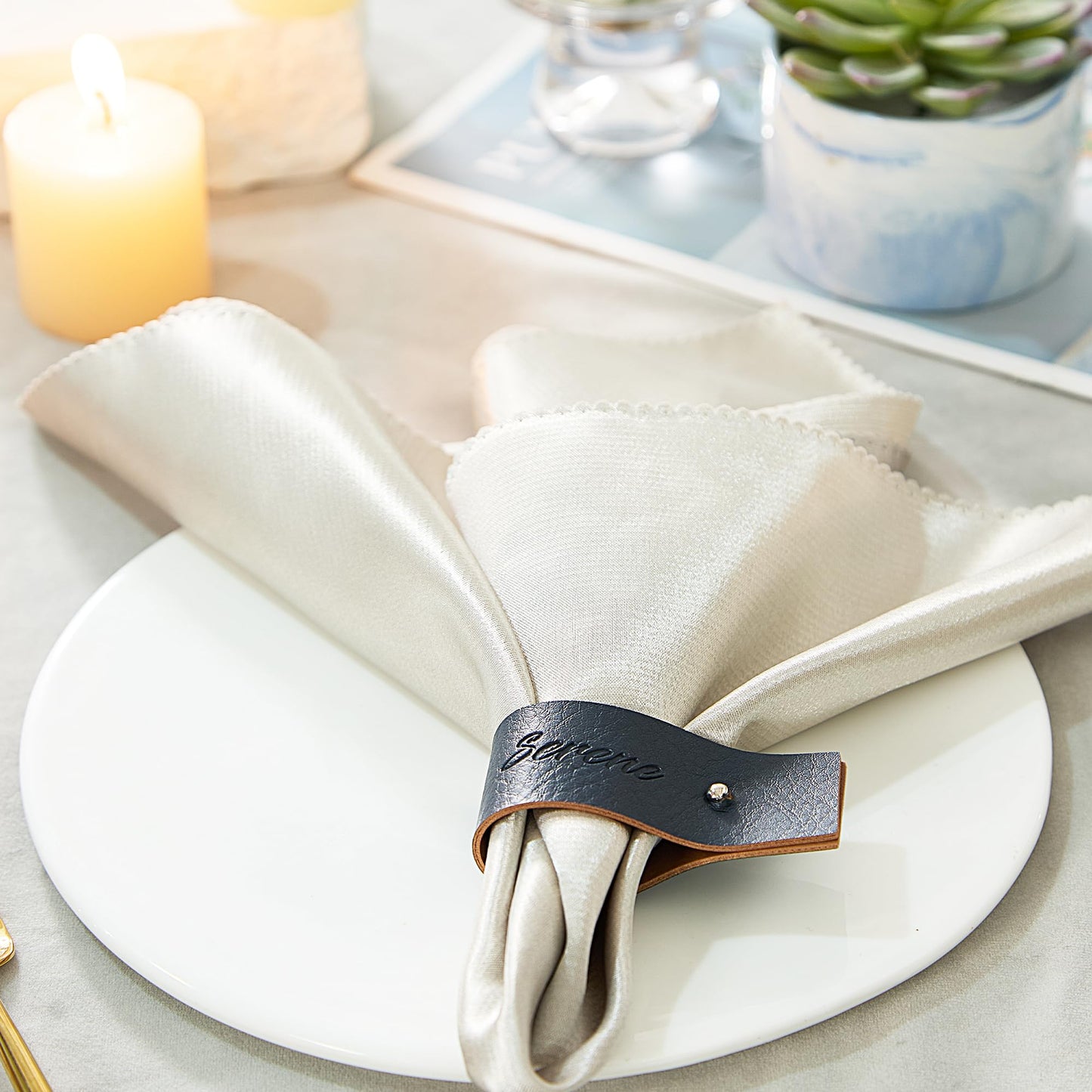 Navy Blue Napkin Rings Set of 6 – Elegant Leather Napkin Ring Holders, Double-Sided Waterproof, Durable Table Decor for Easter, Weddings & Dinner Parties, Stylish Table Setting Accessories