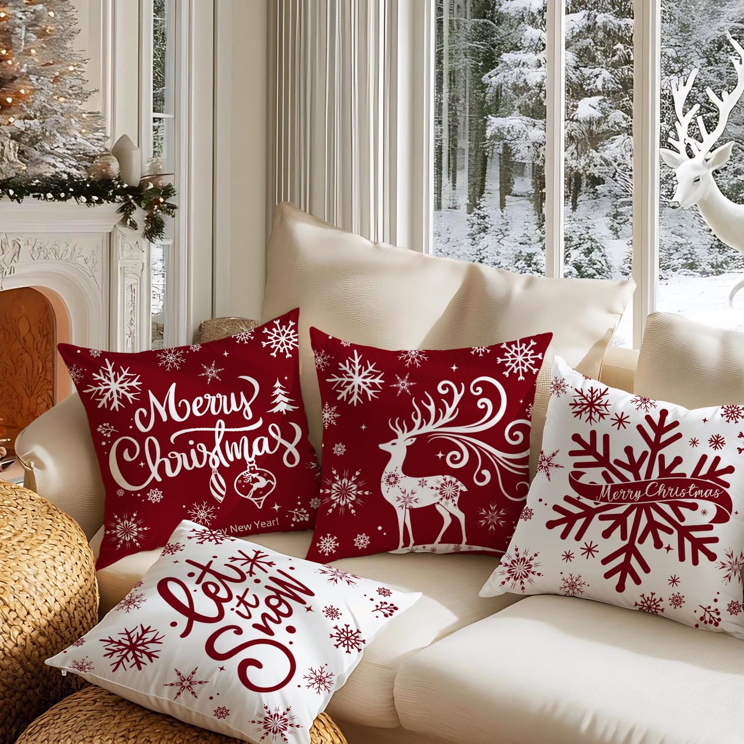 Artmag Merry Christmas Throw Pillow Covers 16x16 inch Snowflakes Let it Snow Moose Winter Holiday Red Cushion Case for Coach Sofa Decorations Set of 4