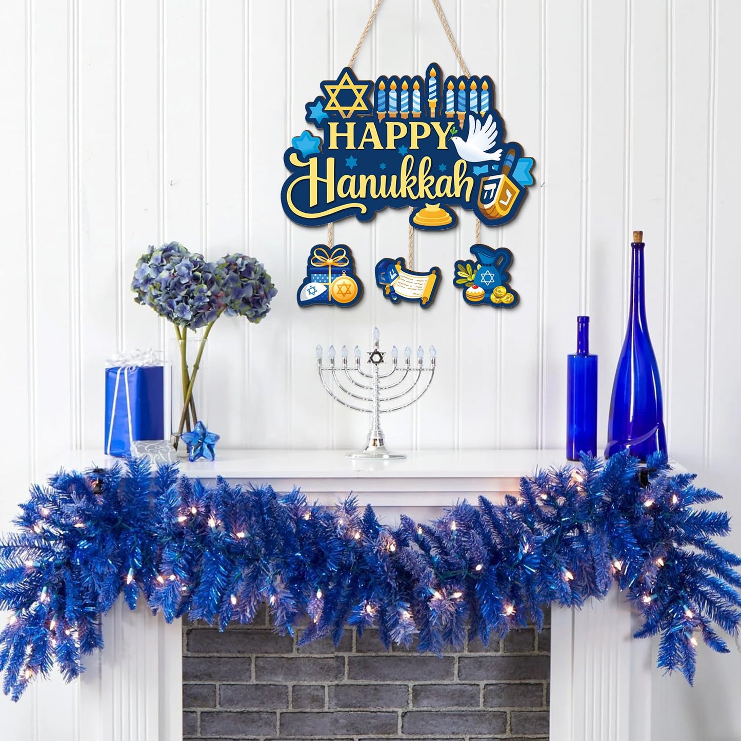 Aurlan Happy Hanukkah Door Sign,Hanukkah Wooden Wall Hanging,Jewish New Year Door Decor,Chanukah Wood Hanging,Chanukah Candlestick Wall Sign,Candle Pigeon Sufganiyot Decor for Porch Yard Home Room Office