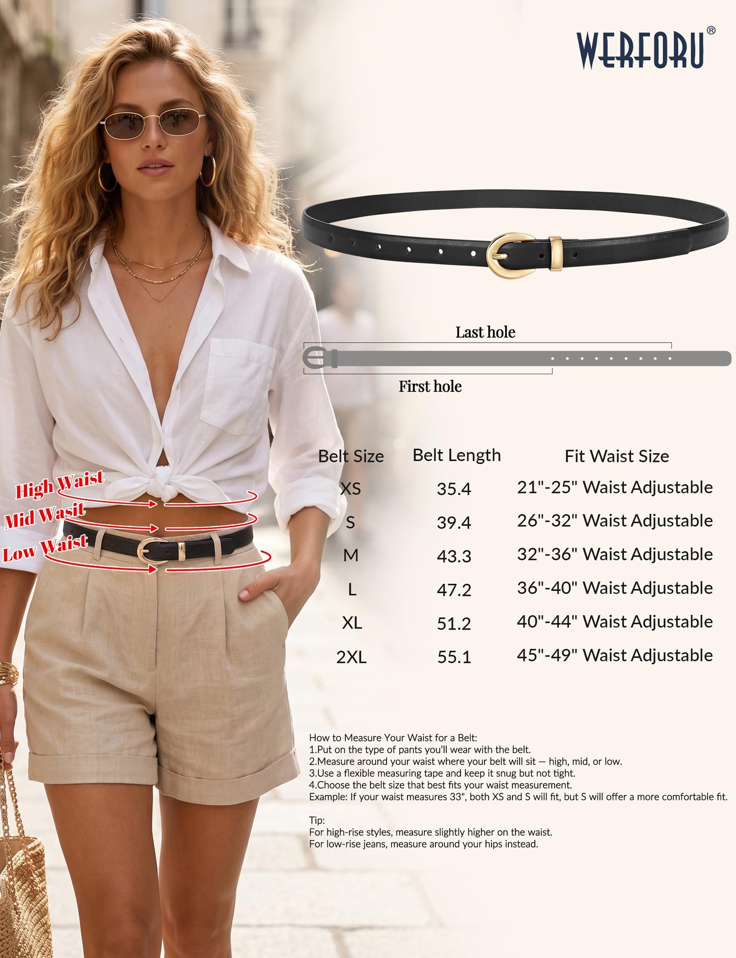 WERFORU Women Skinny Leather Belt for Jeans Pants Fashion Thin Waist Belts for Women Dress Belt with Gold Buckle,Black,Fit Waist Size 31-36 Inches