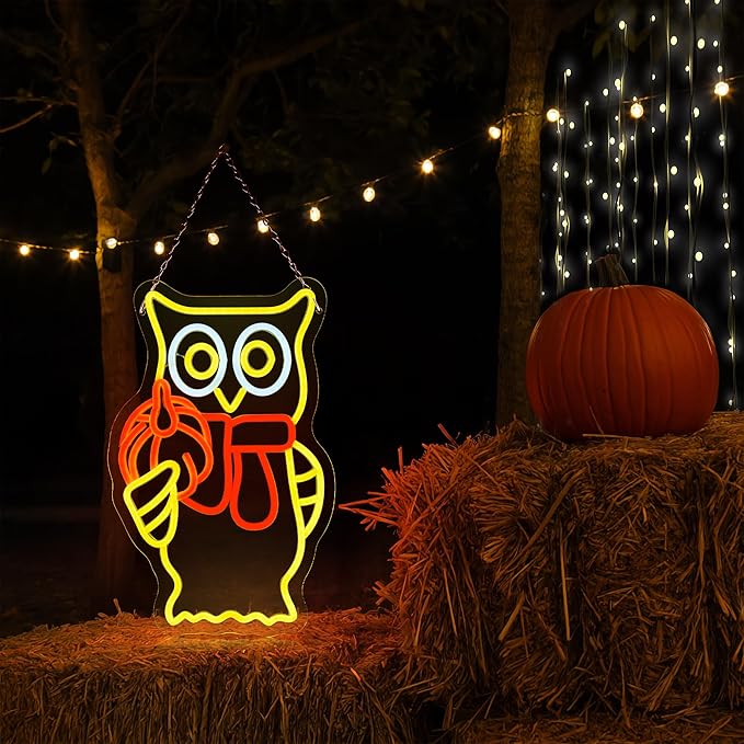 Hanna Roberts Owl Pumpkin Halloween Neon Sign for Window decor and Wall Decor, Brightness adjustable Pumpkin Led Light Up Signs for Children's Room, Bedroom, Bar,15"x8.66"