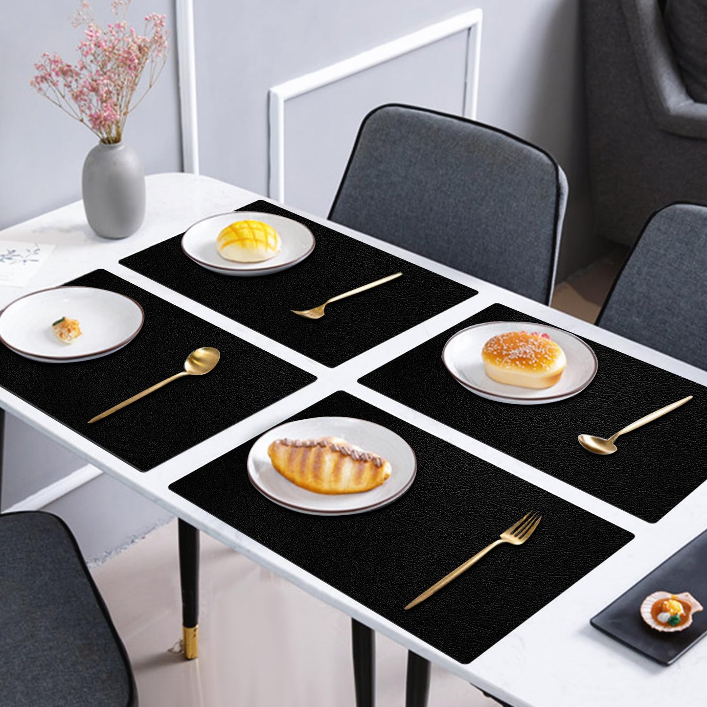 Keaixinyu Placemats and Coasters Set of 6, Waterproof、Oil-Proof Wipeable、Anti Slip PVC Leather Place Mats, Heat Resistant Reversible Table Mats for Kitchen, Dining, Outdoor 17’’×12’’, (Black)