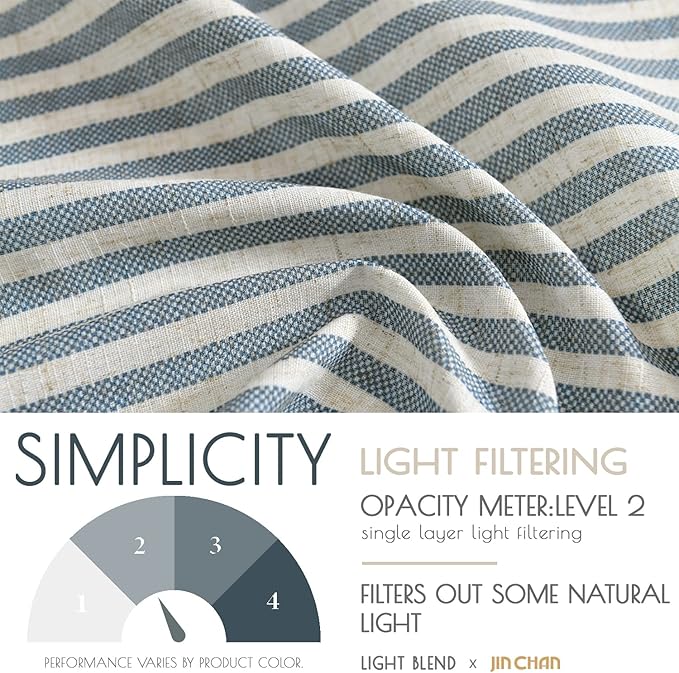 jinchan Tab Top Linen Kitchen Curtains 36 Inches Striped Tier Curtains Farmhouse Modern Cafe Style Small Window Treatments Airy Light Filtering Rod Pocket for Living Room Bathroom 2 Panels Blue