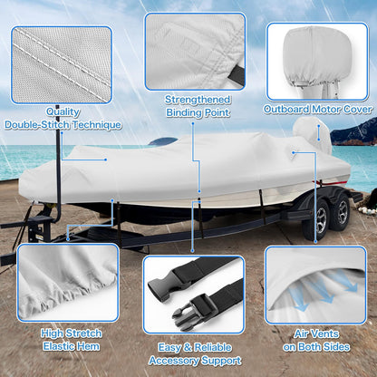 Solim Waterproof 1200D PU Boat Cover with Motor Cover, 14-16' Heavy Duty Marine Grade Trailerable Anti-UV Polyester Canvas, Fits 14-16ft Bass Boat, V-Hull, Fishing Boat, Runabout, Ski boat with Straps