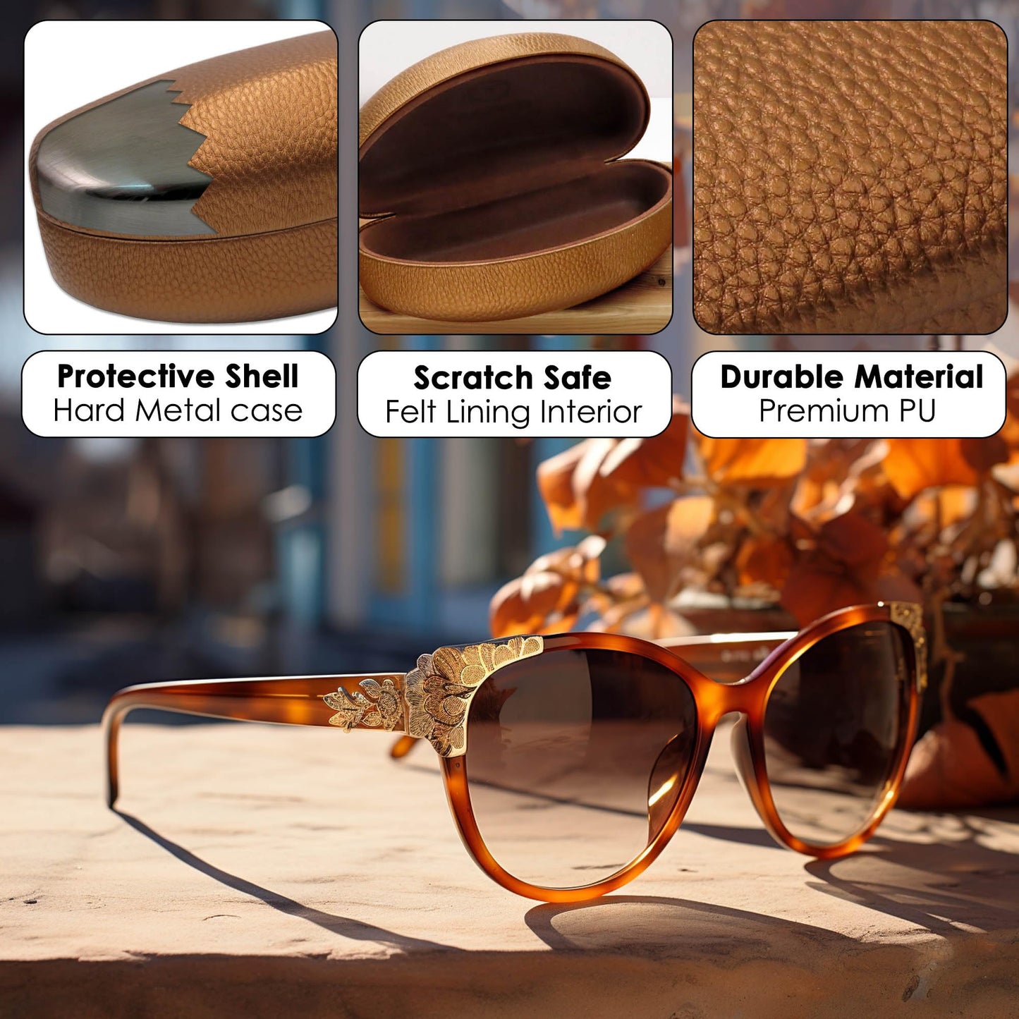 MyEyeglassCase LARGE CURVED Sunglasses Case DOES NOT FIT OVERSIZE FRAMES - Women Premium Hard Shell Sunglass Case in Leather Like cover with Microfiber Pouch & Cleaning (AS413 Bronze)