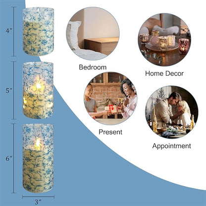 Flameless Candles with String Lights - Set of 3 Printed Remote Battery Operated Candle Flickering Floral LED Pillar Candles with Timer for Home Decor Romantic Ambiance,BL
