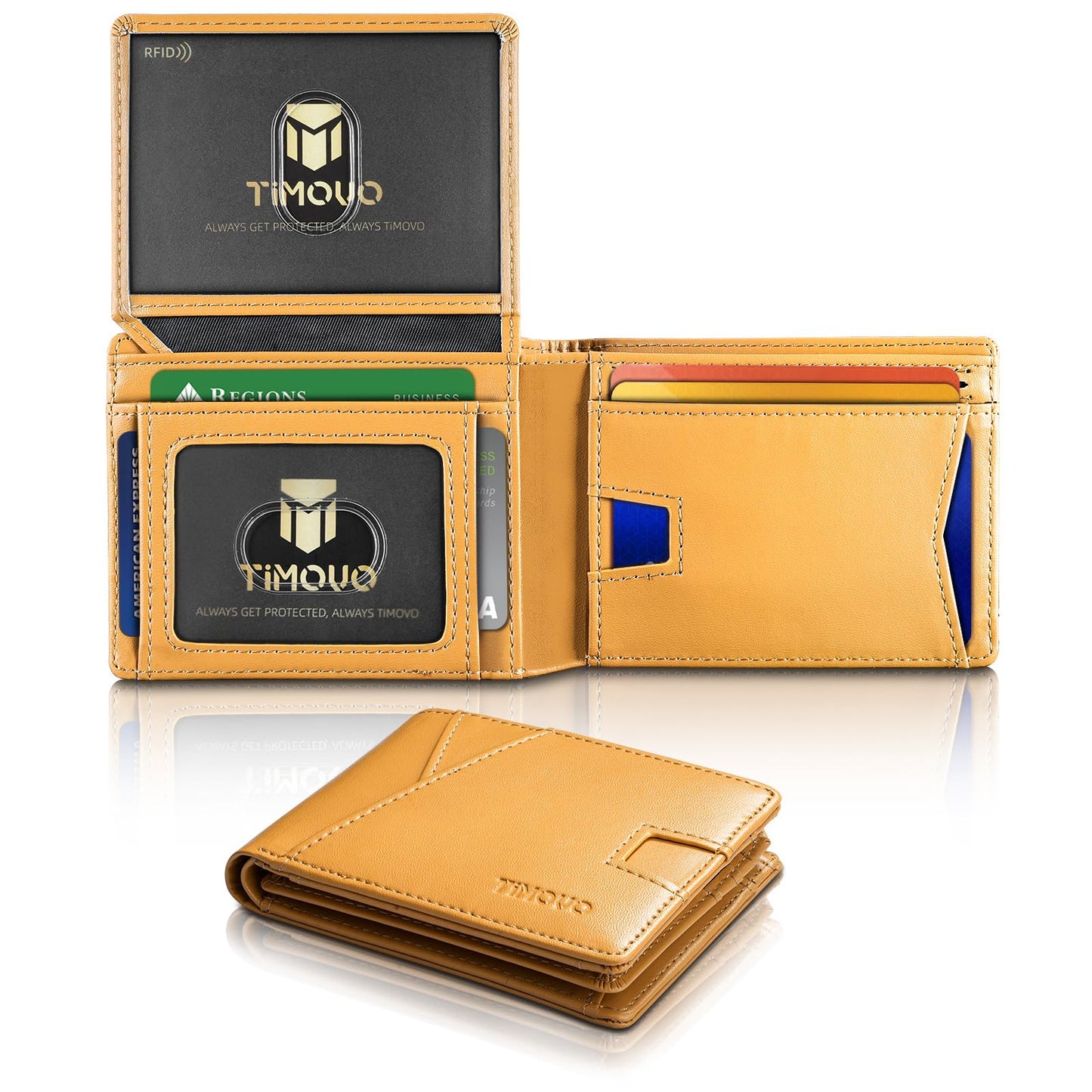 TiMOVO Slim Wallet for Men with RFID Blocking, Khaki Casual Leather Bifold Wallet with 2 ID Window, Multifunct Quick Slot Design, Gift Box Included, Khaki