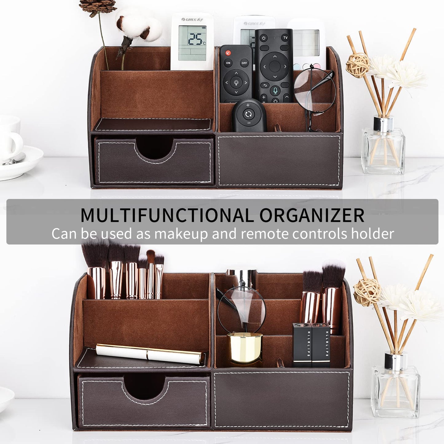 KINGFOM Pu Leather Desk Organizer Pen Pencil Holder Office Supplies Caddy Storage Box 6 Compartments with Drawer Brown