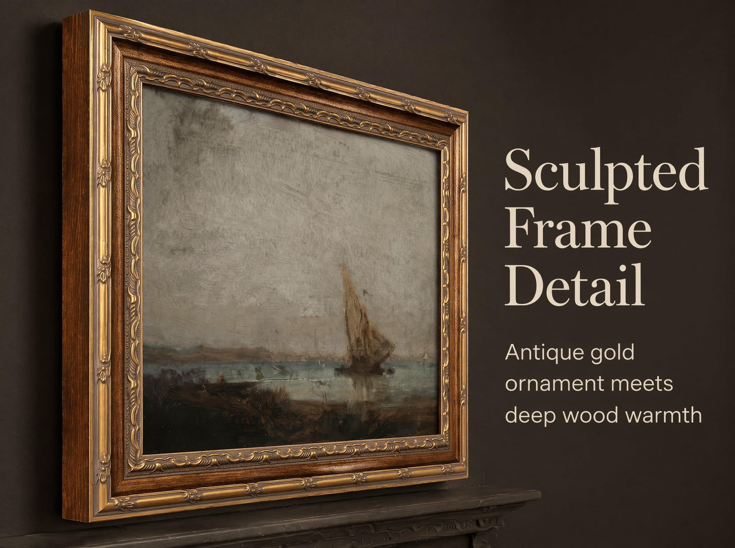 KKP Antique Gold Framed Coastal Wall Art, Vintage Sailboat Canvas Prints