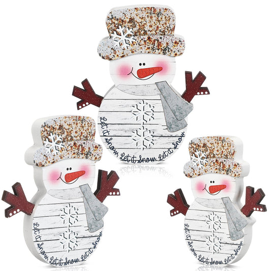 Cinnvoice 3 Pcs Snowman Wooden Table Decor Rustic Snowman Tabletop Centerpiece Vintage Winter Block Sign with Snowflake Let It Snow Decor for Winter Tiered Tray Christmas Home Shelf Decorations Gifts
