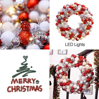Amooca 16in Christmas Ball Wreath with LED Lights Front Door Window Decorative Hanging Ornaments Table Centerpiece Holiday Party Home Decoration Red White Silver
