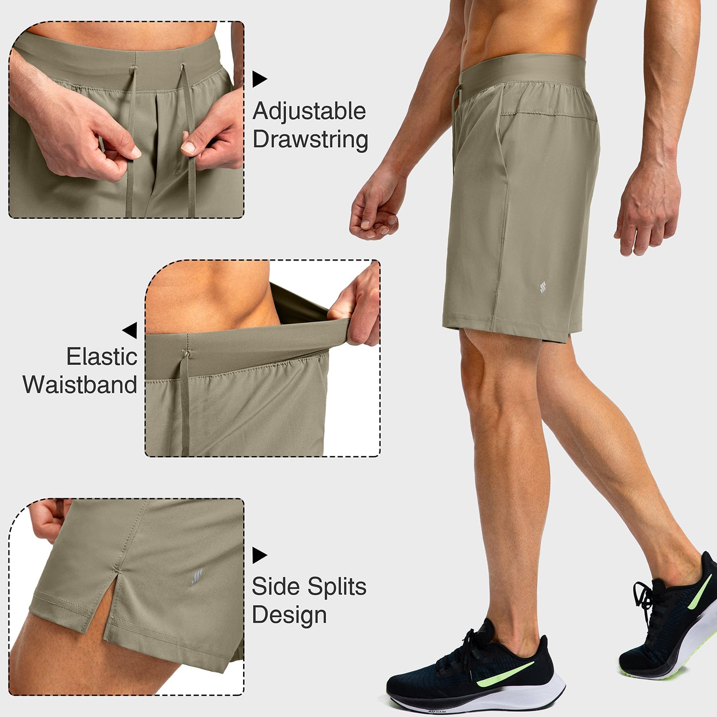 Soothfeel Men's Running Shorts with Zipper Pockets 7 Inch Lightweight Quick Dry Gym Athletic Workout Shorts for Men (Dusty Khaki, 3XL)