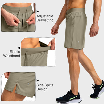Soothfeel Men's Running Shorts with Zipper Pockets 7 Inch Lightweight Quick Dry Gym Athletic Workout Shorts for Men (Dusty Khaki, XS)