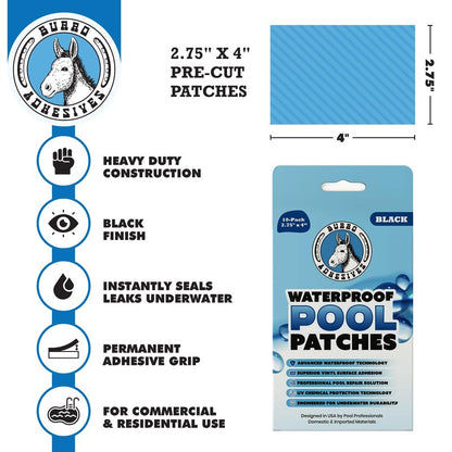 Burro Adhesives 10-Pack Waterproof Clear Pool Tape Patches - Professional Grade PVC Repair Kit with 2.75" x 4" Heavy Duty Patches for Commercial & Residential Vinyl Pools, Works Underwater & Dry