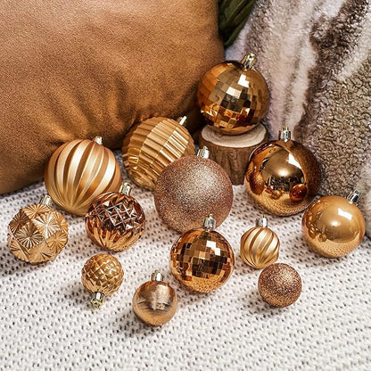 JORNOY Christmas Tree Ornaments Set, 47 Pack Assorted Shatterproof Hanging Balls Decorations, Plastic Bulbs Bulk with Lanyard for Home Holiday Party Decor, 3-Sizes (Caramel)