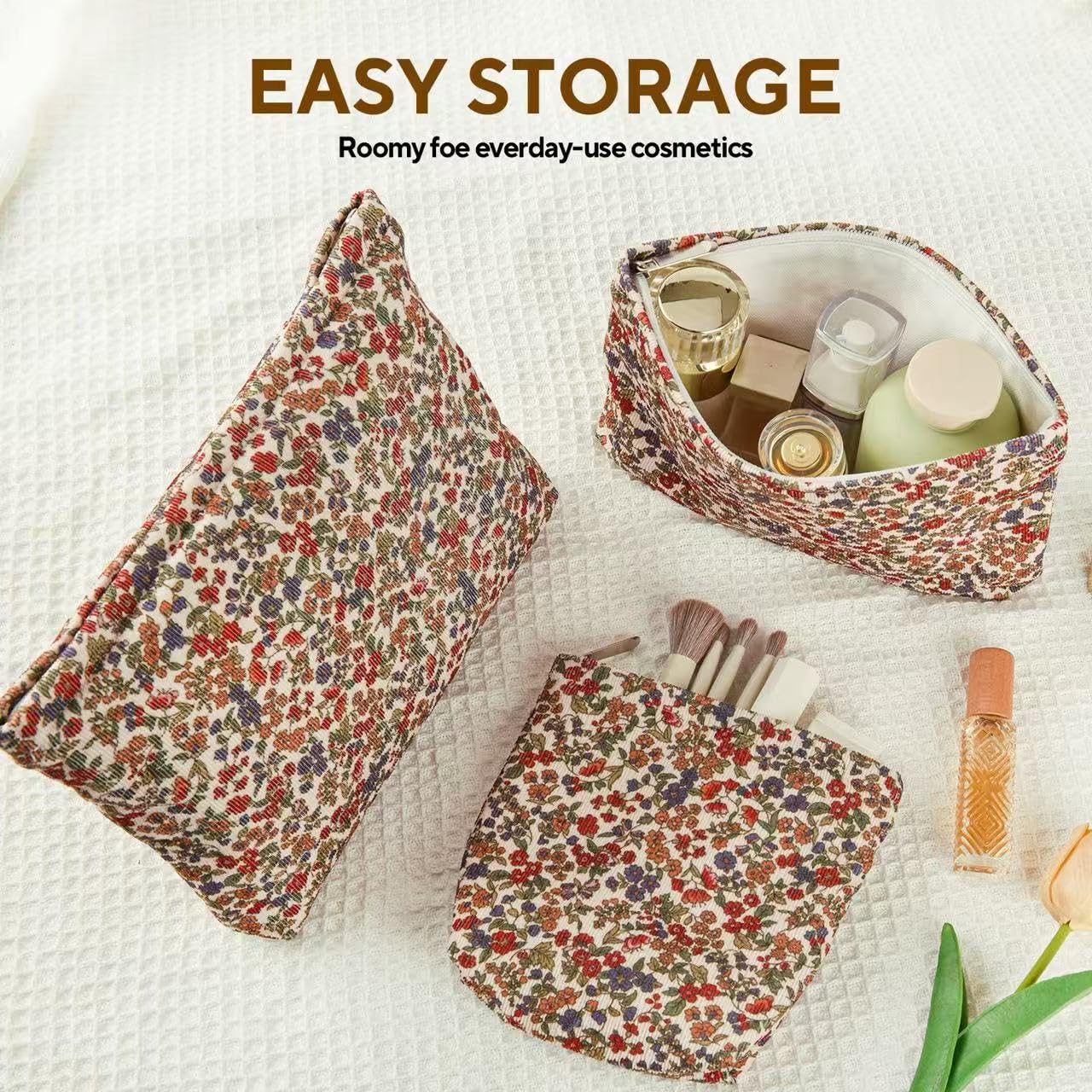 3Pcs Floral Makeup Bags, Cosmetic Bags for Women, Large Capacity Corduroy Makeup bag Set and Portable Mini Makeup Bag,Aesthetic Women Handbags Purses, Travel Essentials Aesthetic Stuff (Floral 01)