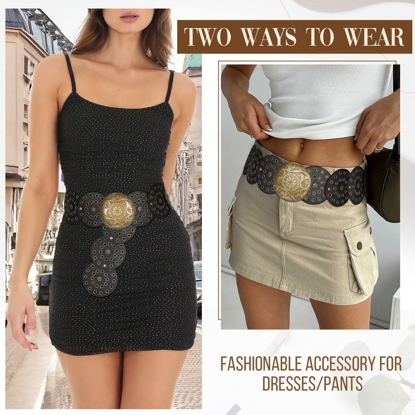JASGOOD Western Belts for Women Wide Hollow Disc Leather Belt Cowgirl Waist Belt for Jeans Dresses with Metal Buckle
