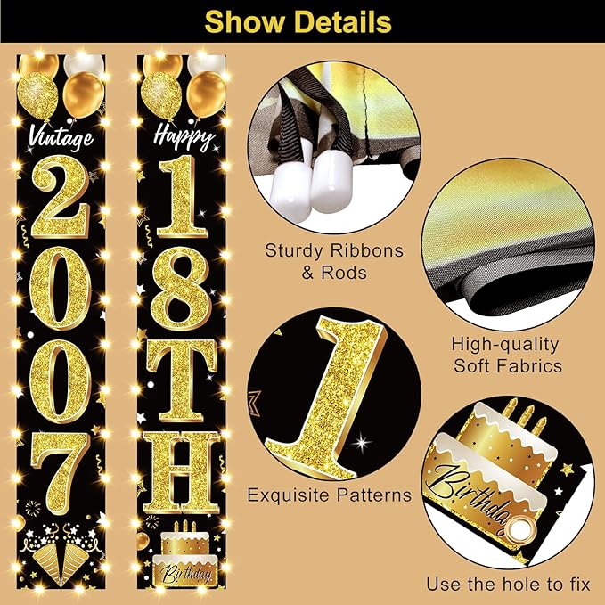 18th Birthday Party Banner Lighted Decorations for Men and Women - Black Gold Vintage 2007 18th Birthday Door Banners with LED Light, Eighteen Years Birthday Party Supplies for Indoor Outdoor Decor