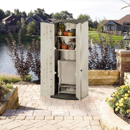 Rubbermaid Compact Vertical Resin Storage Shed With Floor (2 x 2.5 Ft), Weather Resistant, Beige/Brown, Organization for Home/Backyard/Garden Tools/Porch/Patio Cushions/Pool Chemicals/Toys