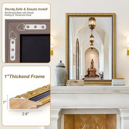 Vintage Black Gold Mirror, 40'' x 28'' Rectangular Antique Wall Mirrors with Ornate Wood Frame, Decorative Mirrors for Living Room, Bathroom, Bedroom, Entryway, Fireplace, Horizontal/Vertical