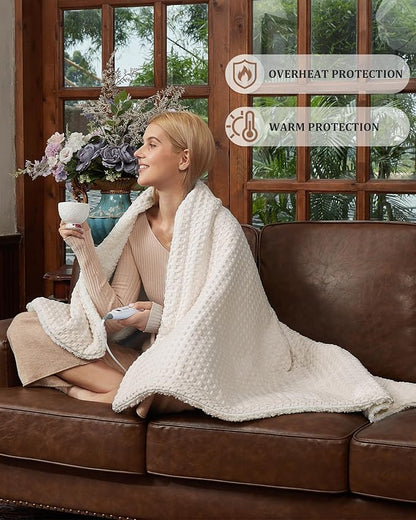 CAROMIO Heated Blanket Throw, Waffle Weave Electric Throw Blanket Fast Heating with LCD Controller, 6 Heat Levels & 4 Hour Auto Shut Off, ETL Certified, Machine Washable, Beige, 50" x 60"