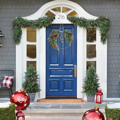 Christmas Wreath for Front Door Artificial Half Circle Wreaths with Bell Pine Cones Red Berries Eucalyptus Leaves Outdoor Wreath for Farmhouse Front Porch Window Christmas Decorations