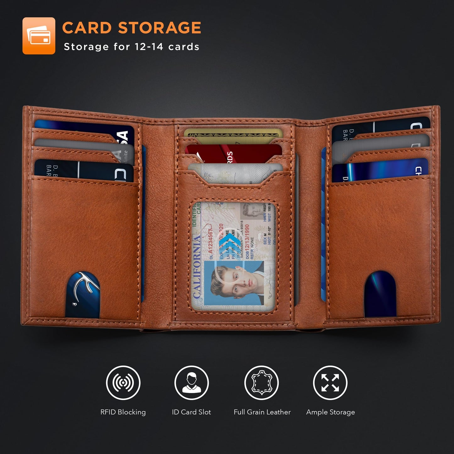 SERMAN BRANDS Trifold Wallet for Men - RFID Blocking Full Grain Leather, 11 Card Slots & ID Window, Slim Everyday Carry, Durable Stitching, Gift for Him