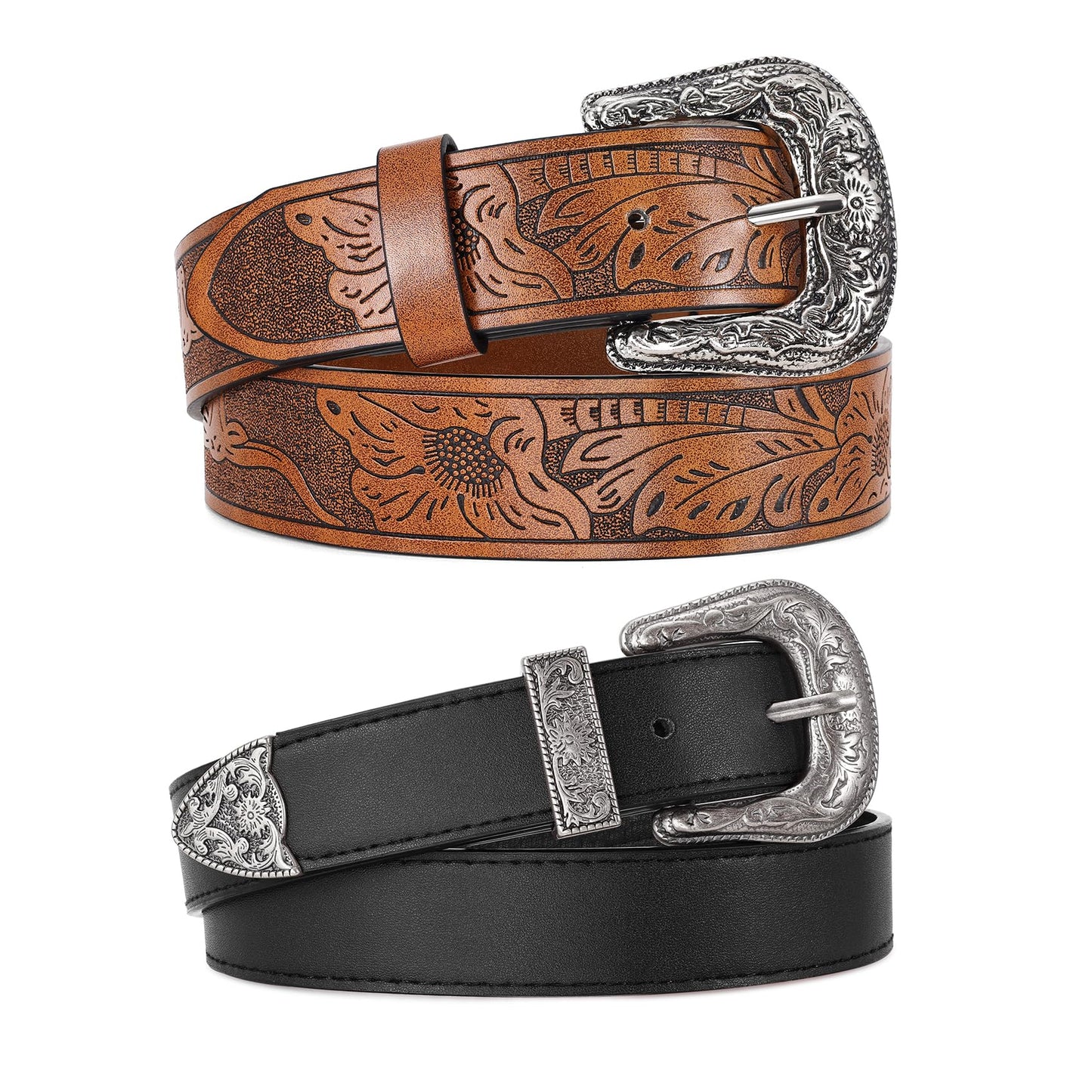 WERFORU 2 Pack Women Western Leather Belts for Jeans Western Belts with Big Buckle Country Belts for Cowgirls