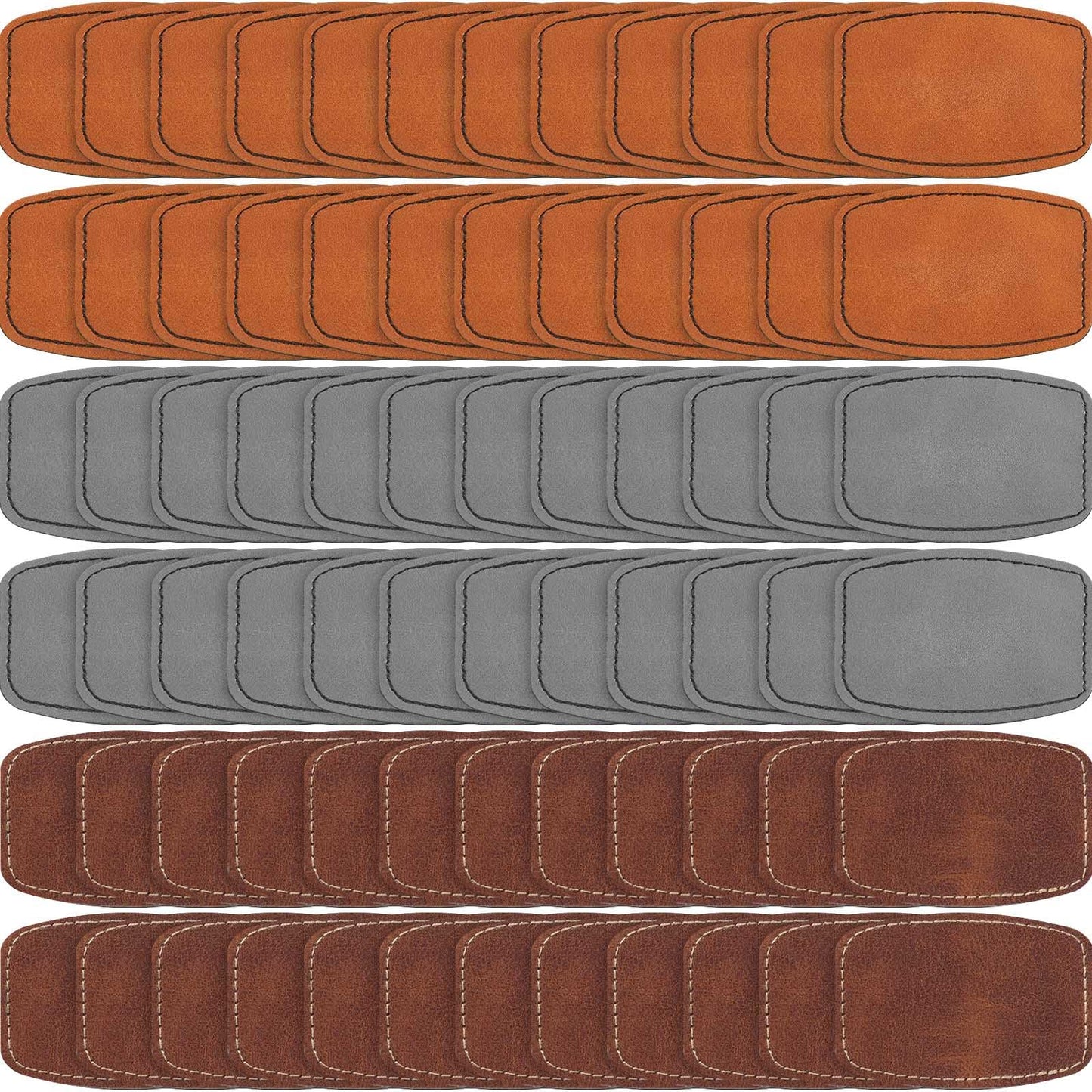 Dunzy 60 Pcs Blank Leatherette Hat Patches with Adhesive Rustic Rounded Rectangle Patch Faux Leather Patches for Hats Costumes Fabric Repair Sew Laser Supplies(Khaki, Gray, Brown,2x3inch)