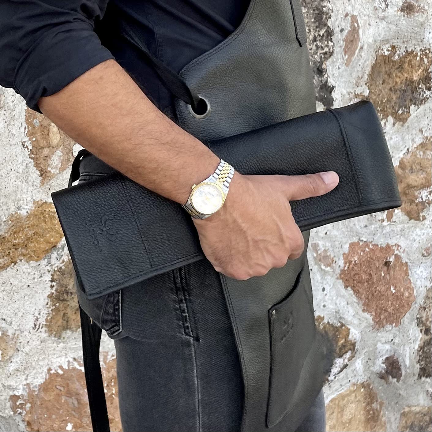 MARION - LA PETITE - Genuine Calf Top Grain Black Leather - Handcrafted Professional Chef's Knife Storage Roll Bag - 5 Pockets