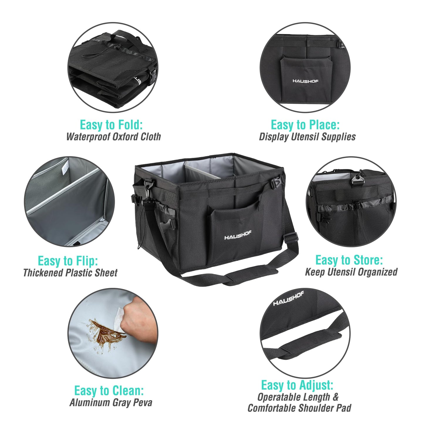 HAUSHOF Large Grill and Picnic Caddy with Paper Towel Holder, Condiment Pocket, Foldable BBQ Organizer Easy Carry Griddle Caddy for Camping, RV, Outdoor Waterproof Oxford Cloth (Black)