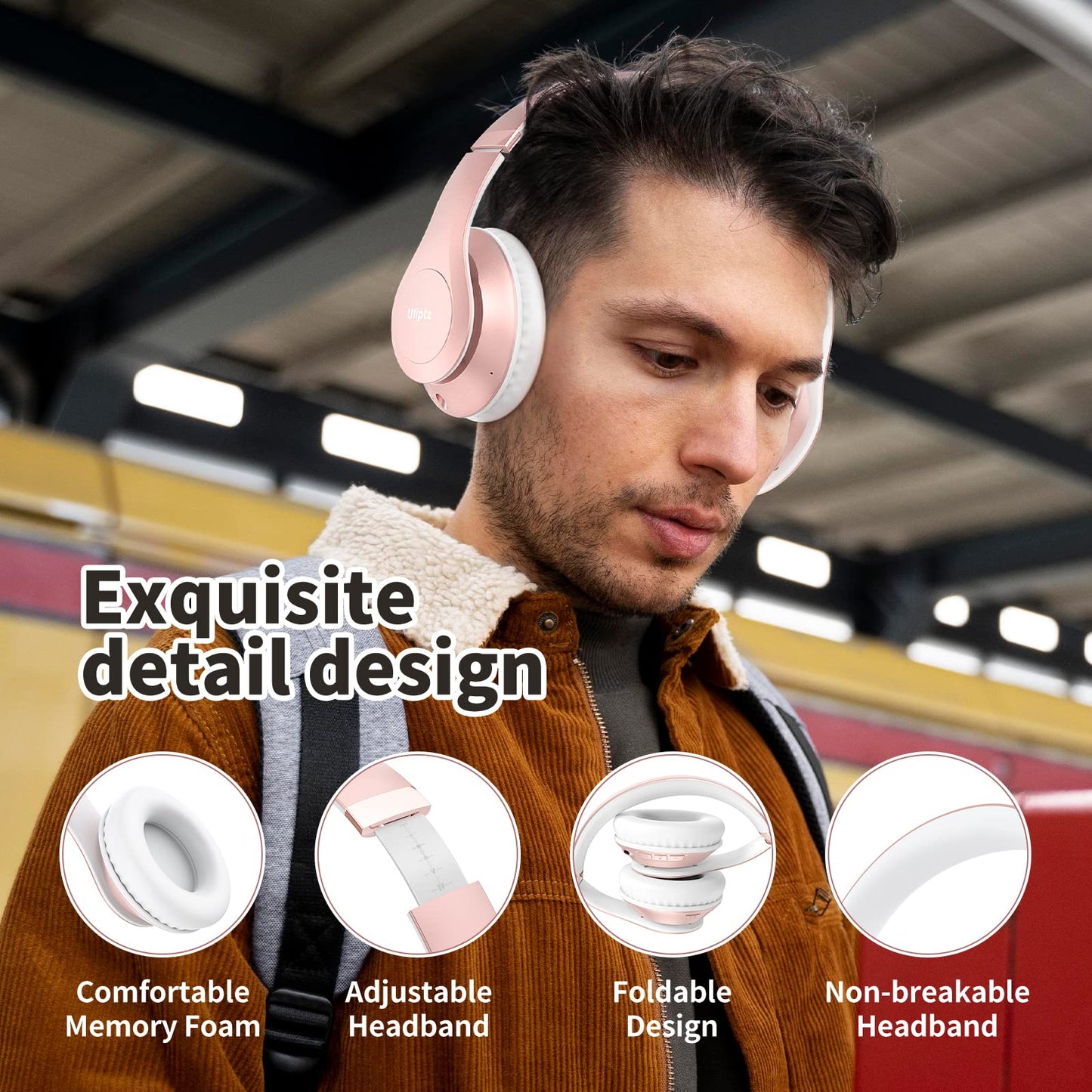 Uliptz Wireless Bluetooth Headphones, 65H Playtime, 6EQ Sound Modes, HiFi Stereo Over Ear Headphones with Microphone, Foldable Bluetooth 6.0 Headphone for Travel/Office/Cellphone/PC (Rose Gold)