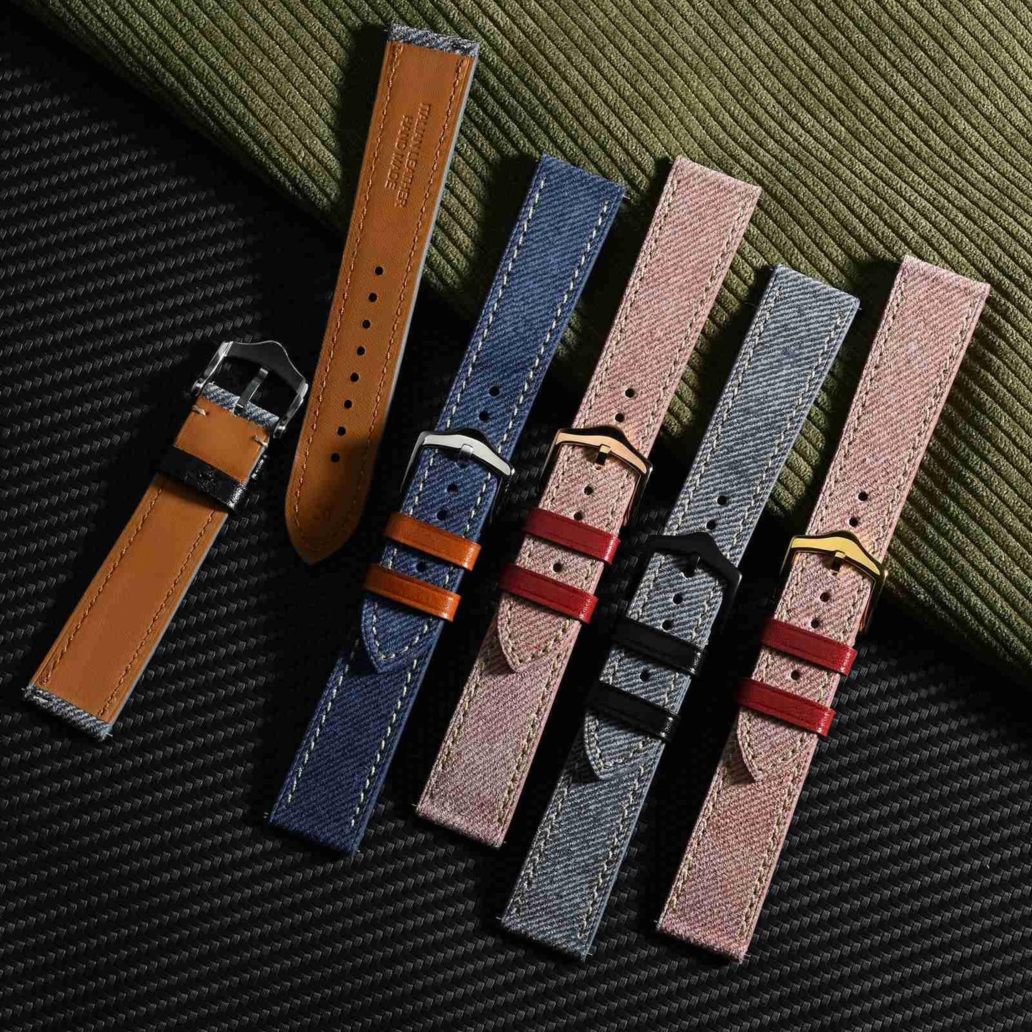 WOCCI 20mm Watch Band, Italian Leather, Denim Pattern, Golden Buckle (Denim Blue)