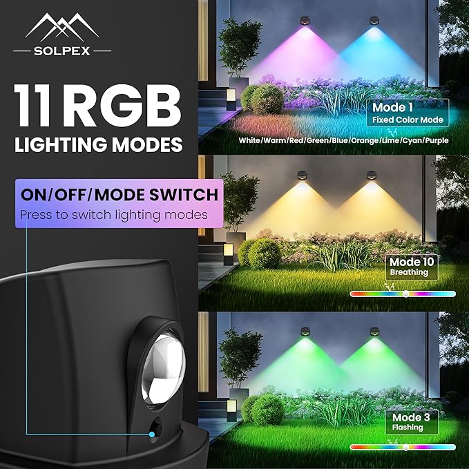 SOLPEX Solar Lights Outdoor Waterproof IP65, Solar Stair Lights Outdoor for Fence, Deck, Step, RGB Multicolor LED 11 Lighting Modes House Wall Light for Porch, Backyard, Fence, Garden Decor-12 Pack