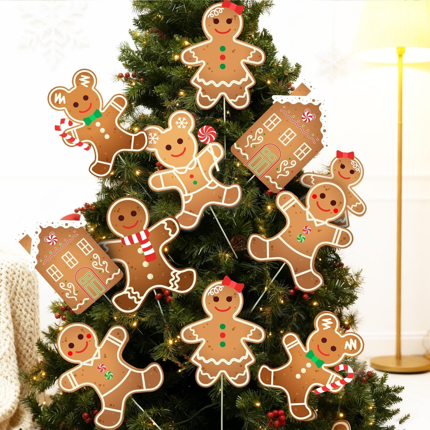 8 Pcs Christmas Tree Decorations Picks, Large Gingerbread Man Christmas Tree Picks, Xmas Gingerbread Man Tree Topper Ornaments for Xmas Trees Winter Holiday Home Party Vase Decor