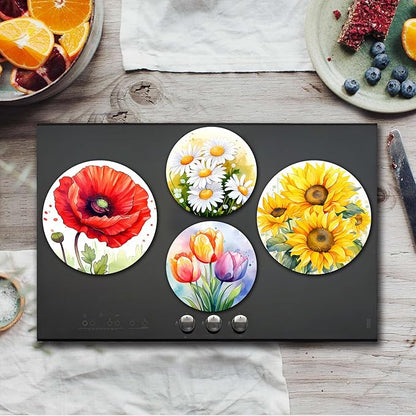 Flowers Stove Burner Covers, Dining Room Gas Stove Burner Covers 8 ＆10 Inches Stove Top Covers Electric Stove 4 Pcs Metal Stove Cover Gas Stove Top Covers, Cooktop Decorative,Home Kitchen Decorations