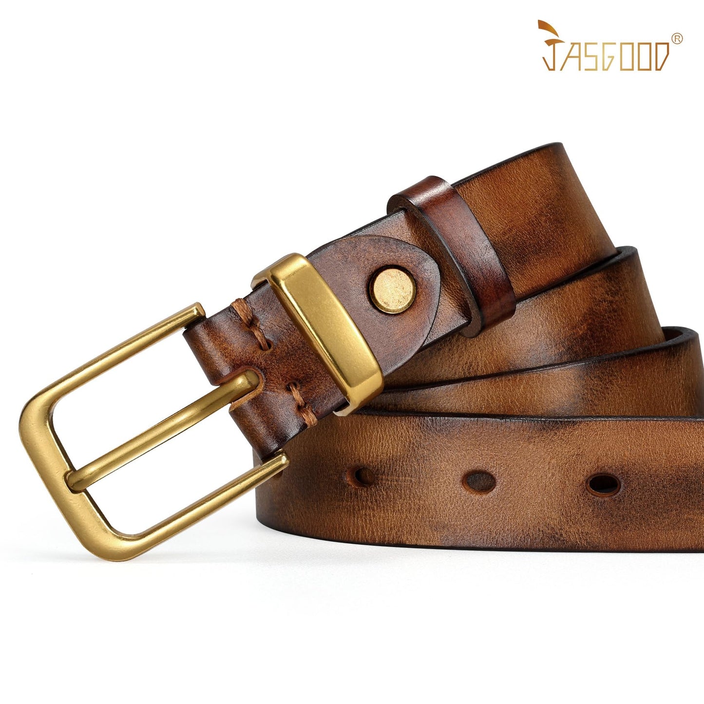 JASGOOD Women Belt Genuine leather Belt with Gold Buckle,Ladies Full Grain Leather Belt for Jeans Pants,Brown