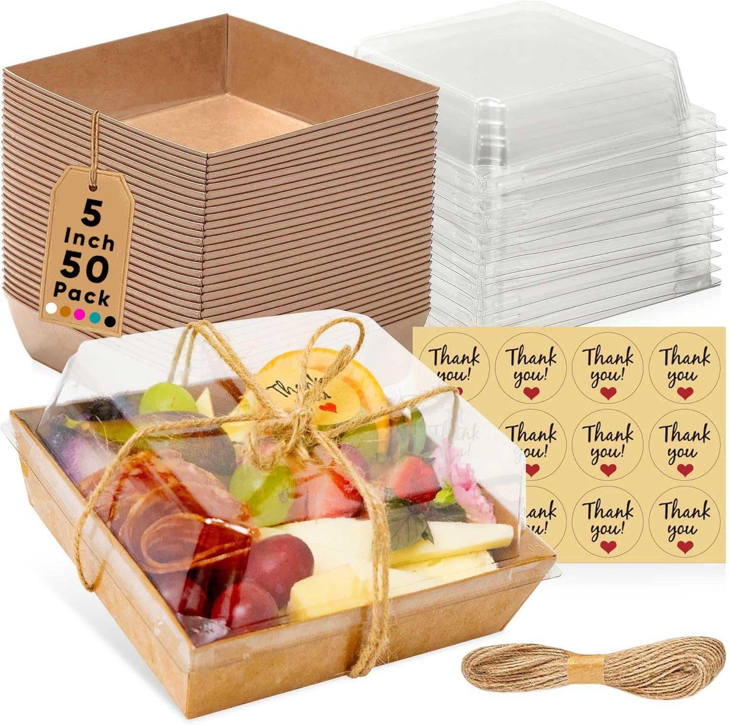 Leafiew 50 Pack Small Charcuterie Boxes with Clear Lids - To Go Paper Mini Charcuterie Box, Disposable Food Containers, 5Inch Dessert Boxes - Sandwich, Cookie, Sushi, Cake Slice, Strawberries (Brown)