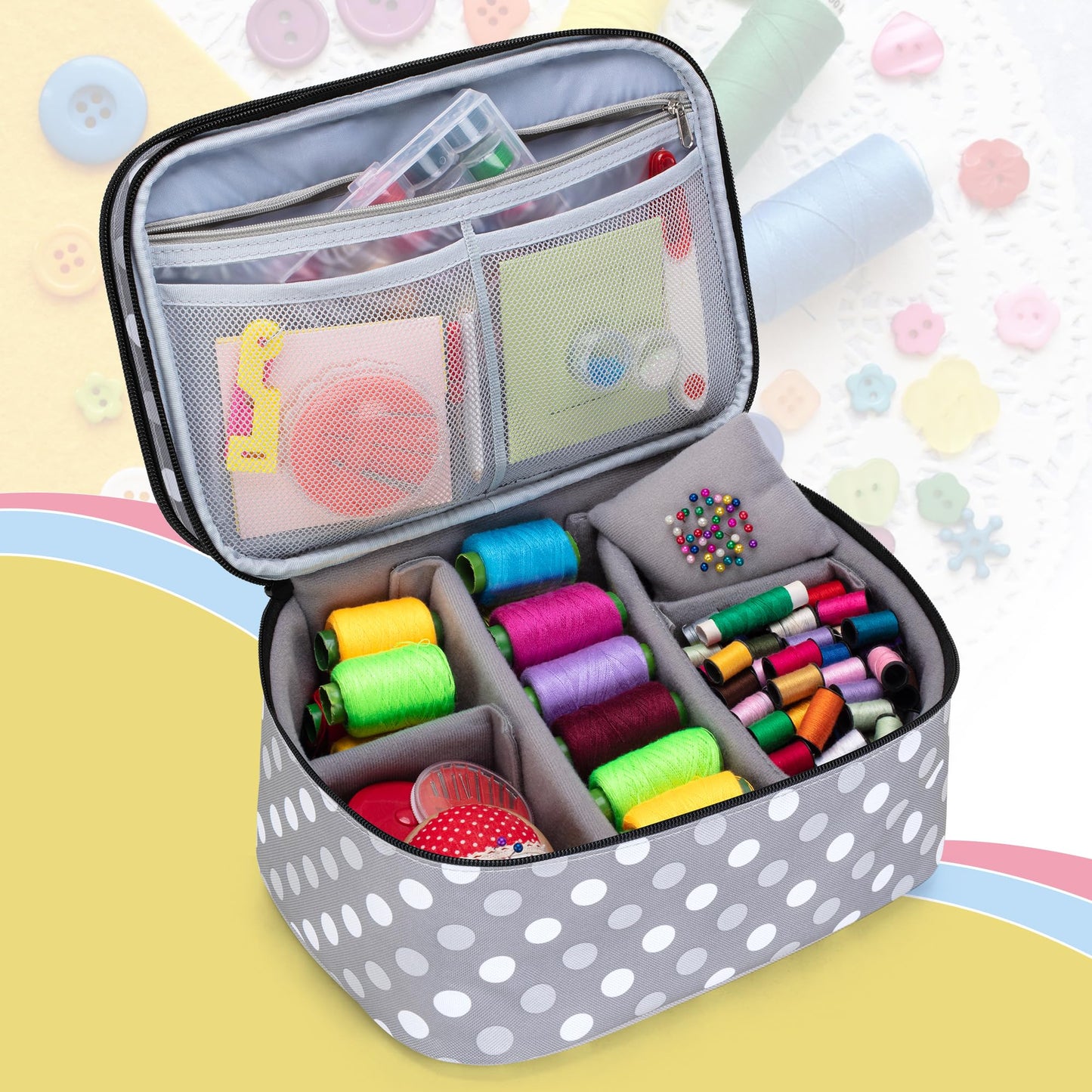 Luxja Double-Layer Sewing Accessories Organizer, Sewing Supplies Organizer for Needles, Thread, Scissors, Measuring Tape and Other Sewing Tools, Large/Polka Dots