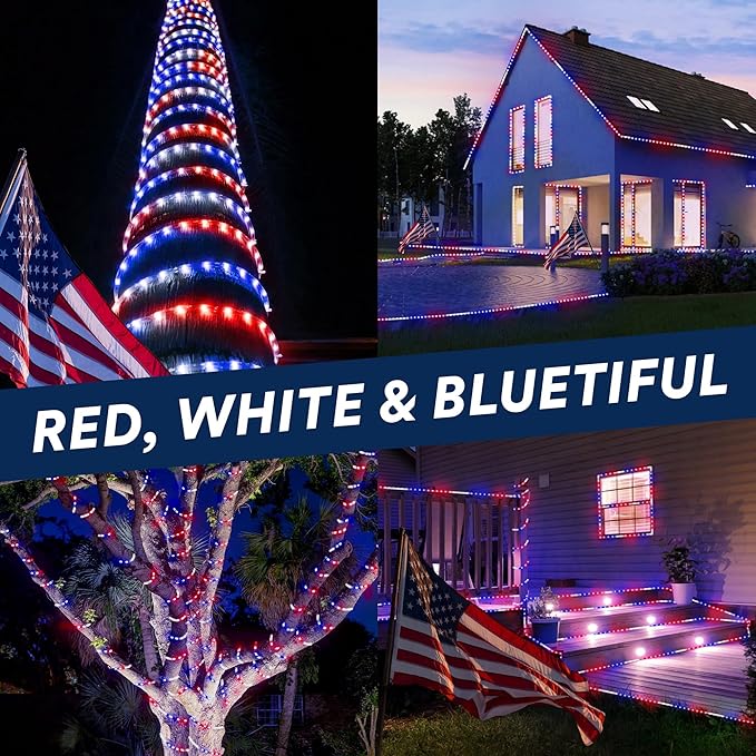 WYZworks 576LEDs 50ft LED USA Patriotic American Red White Blue Outside Rope Lights, Outdoor ETL Certified Waterproof Permanent 360 Degree Light, Flexible Tube, Connectable, Palm Tree Exterior