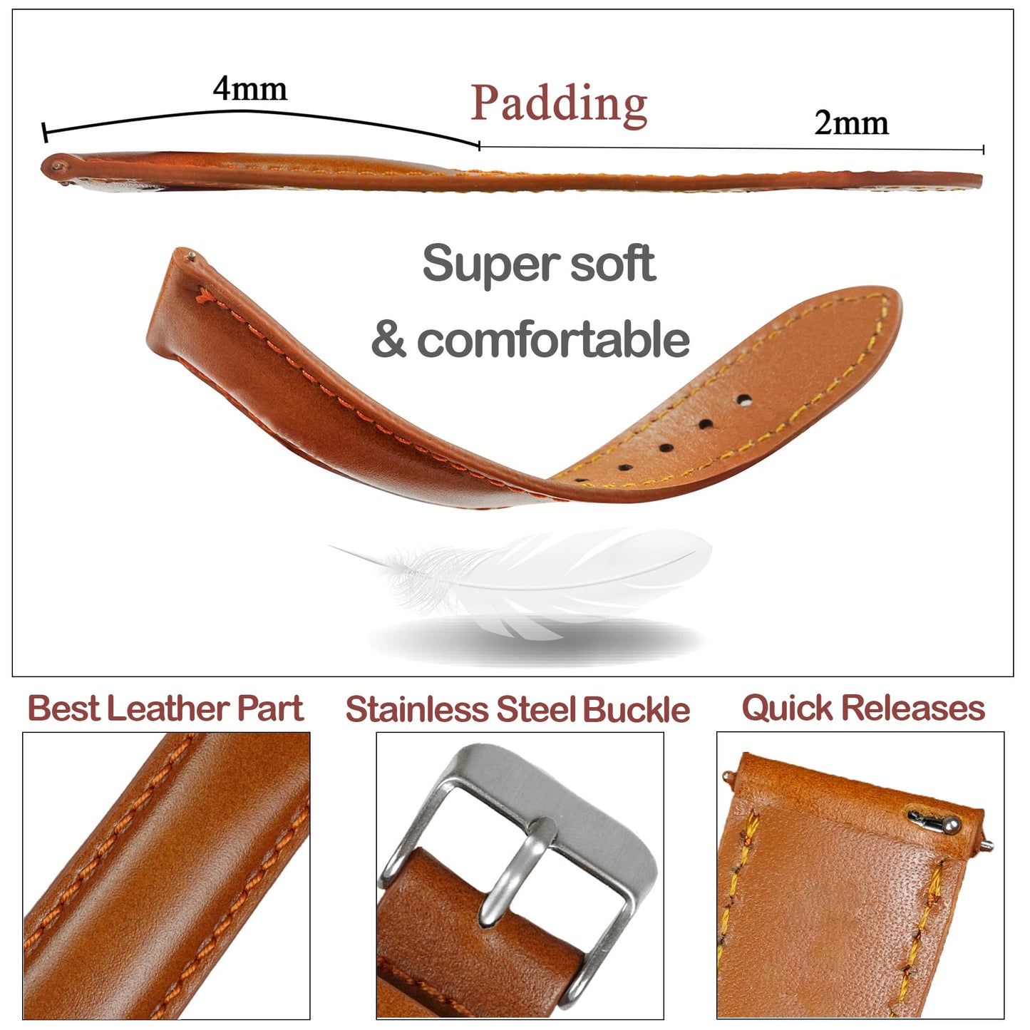 vinacreations 20mm Vintage Tan Brown Leather Watch Band Men Quick Release Replacement Strap Soft Handmade Wristband Stainless Steel Buckle, Christmas Fathers Day Gift for Dad Husband DH-202-20MM