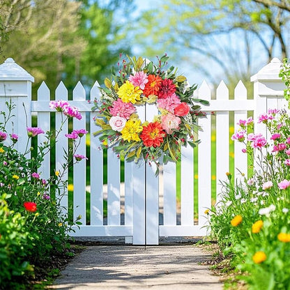 24" Dahlia Spring Summer Wreath with Rose, Peony and Green Leaves, Colorful Artificial Flower Wreath for Front Door Home Wall Wedding Farmhouse Holiday Outdoor Indoor Décor