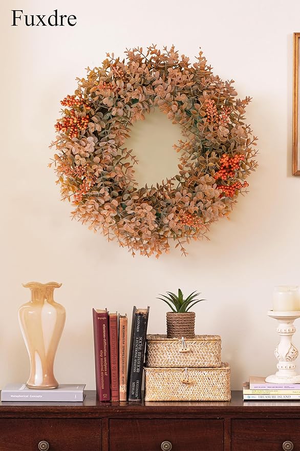Eucalyptus Fall Wreaths for Front Door 15", Handmade Fall Leaves Wreath for Autumn, Floral Farmhouse Wreath for Wall and Outside Indoors