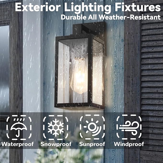 2-Pack Outdoor Wall Light Fixture with Tempered Glass, Exterior Wall Lantern with Easy-to-Clean Design, Waterproof Anti-Rust Wall Sconce for Front Porch, Black, E26 Base