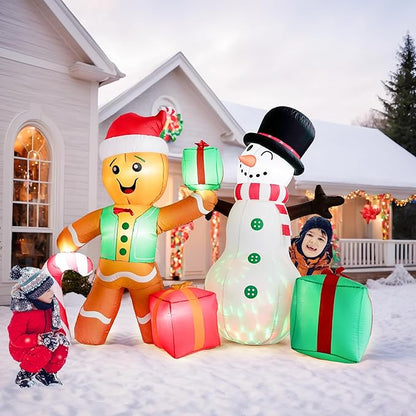 6FT Christmas Inflatables Outdoor Decorations, Giant Gingerbread Man & Snowman with Built-in Rotating LED Lights, Holiday Yard Decor for Lawn Garden Patio Party (Gingerbread Man Snowman)