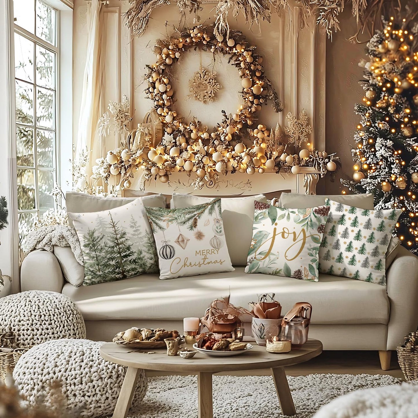 Artmag Merry Christmas Tree Pillow Covers Decorations, 22x22 Inch Set of 4 Xmas Balls Joy Cushion Case for Holiday Winter Coach Sofa Living Room Decor