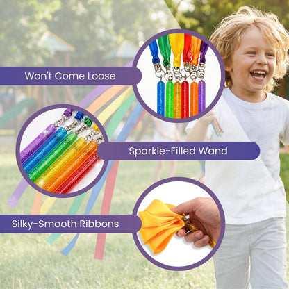 GSI Multicolor Sparkling Gymnastic Ribbon Wands [6 Pack] with 9 inch Stick and 1 Meter Ribbon for Gym, Training, Circus, Dance, Baton Twirling, Dancing Streamers (Pack of 6)