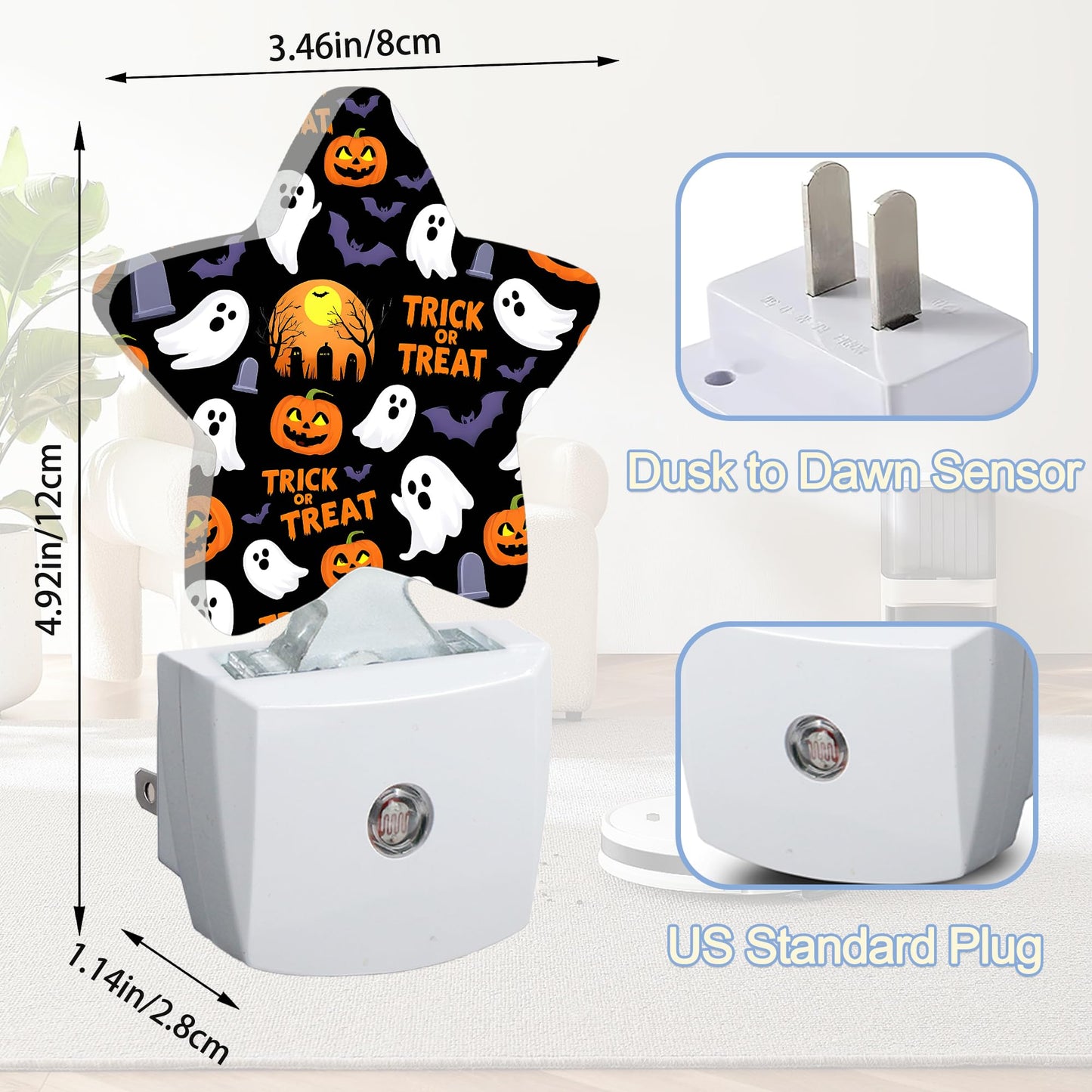 Halloween Pumpkin Night Light,Ghost Bats Plug-in Star Night Lights with Dusk-to-Dawn Sensor for Bedroom,Bathroom,Living Room Sleep Friendly Lamp for Women Girls Boys Gift,0.5W