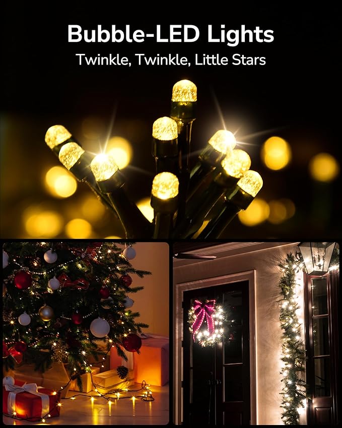 ULG Upgraded 2-Pack 186FT 500 LED Christmas String Lights, Extendable Waterproof Fairy Lights with Memory Function, 8 Modes, Bubble Bulbs, Warm White, Adapter Included for All Decor